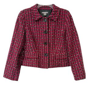 Ann Taylor Cropped Tweed Jacket Blazer Peplum Back Lined Pink Black Size 10P